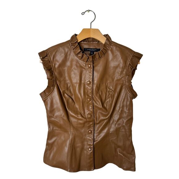 Andrew Marc Tops - Andrew Marc New York Brown Faux Leather Ruffle Snap Sleeveless Top Small